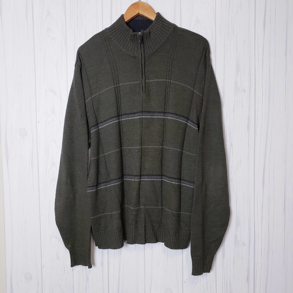Oscar de la Renta Mens XL Olive Green Quarter Zip Striped Ribbed Sweater